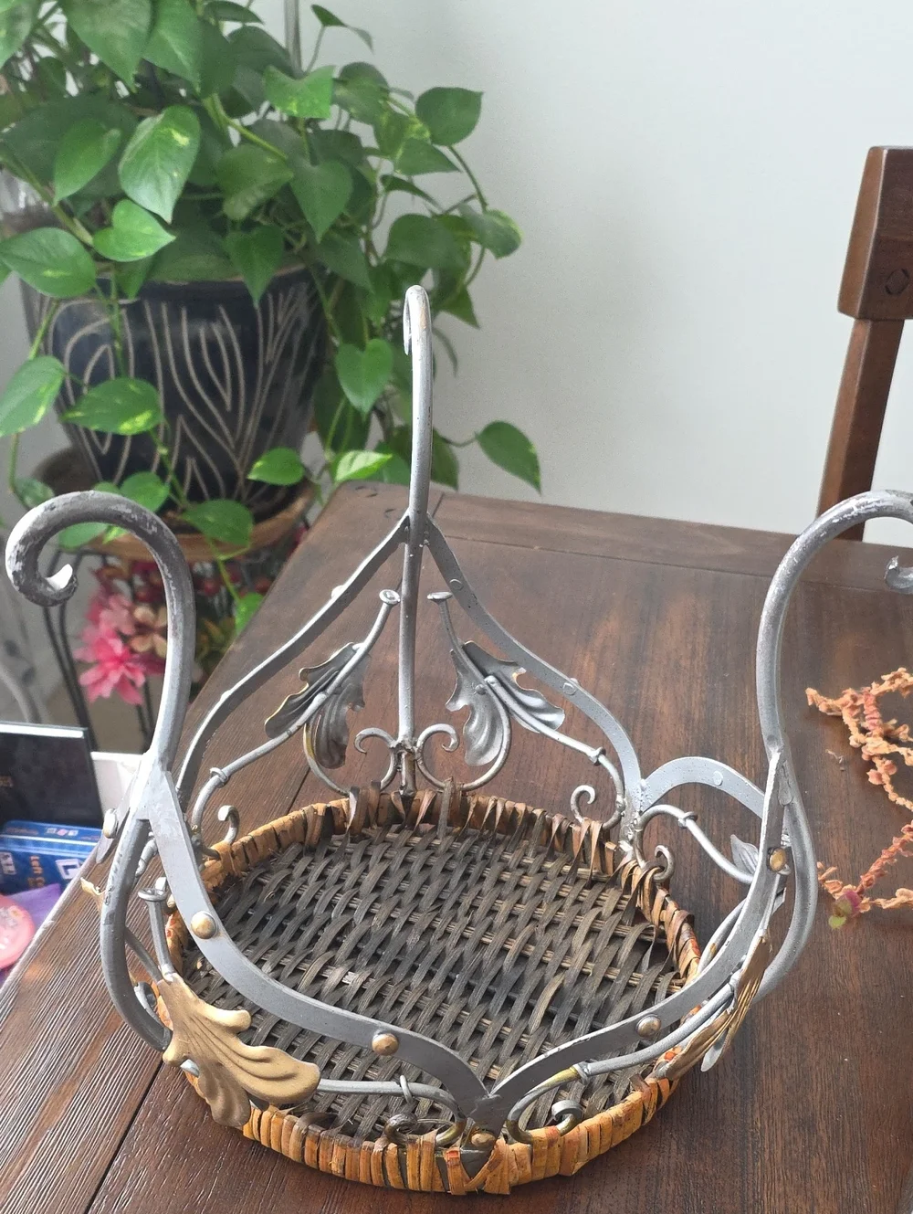 Woven Rattan and Metal Accent Stool - Brown and Silver. Circa 1950s-1980.